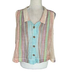 Anthro Holding Horses Coastal Striped Button Down Collared Cropped Swing Top - 4